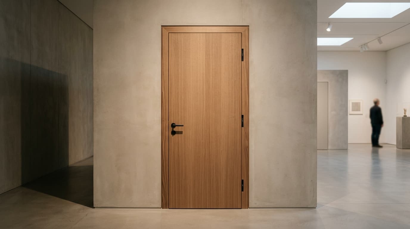 A wooden door with its matching frame and architrave in a gallery interior