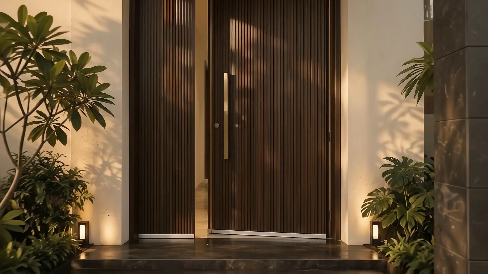 A fluted walnut door with a brass pull, set in a plaster wall